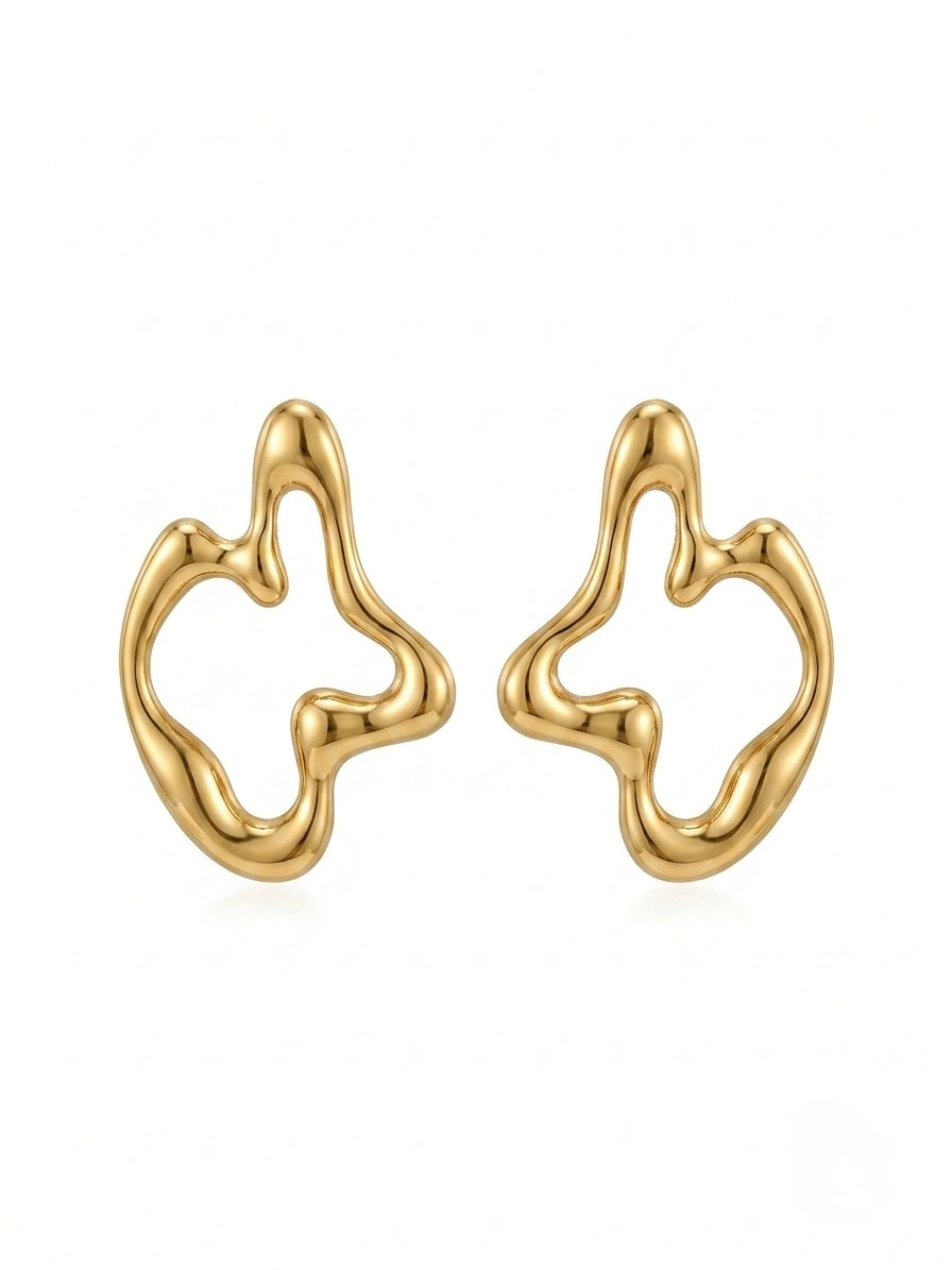 Lacuna Earrings — open frame gold sculptural earrings with organic fluid silhouette, shown as a pair on white background