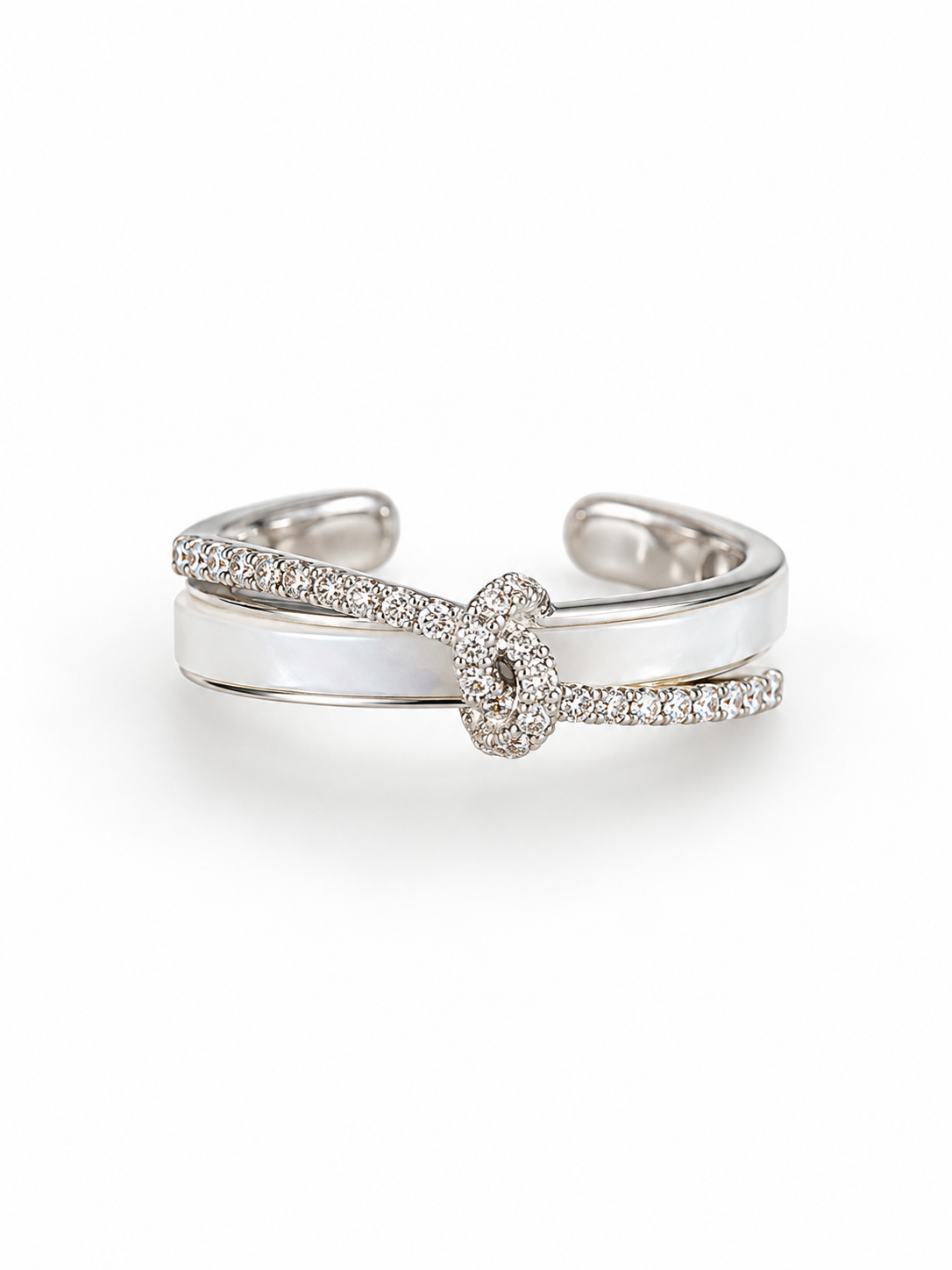 Silver-tone layered open ring with a pavé-style knot centre