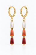 Gold-tone hoop drop earrings with clear, orange and red rectangular accents