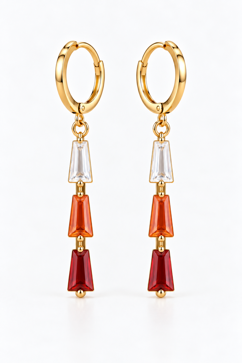 Gold-tone hoop drop earrings with clear, orange and red rectangular accents