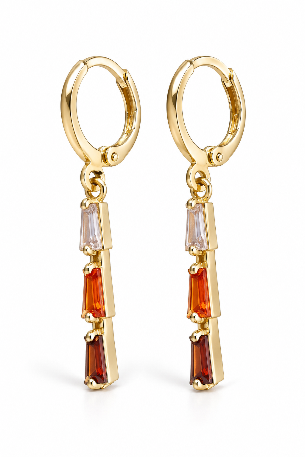 trending colourful stones, aesthetic, sunset gradient earring. Gold-tone hoop drop earrings with clear, orange and red rectangular accents. 